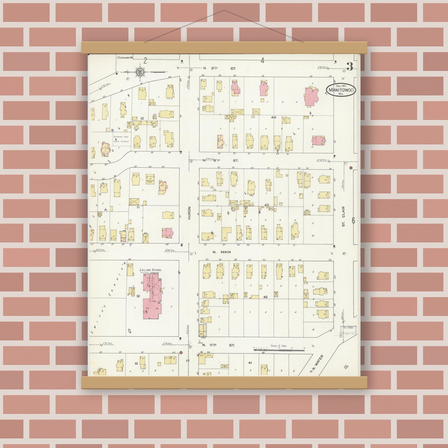Old map wall art mockup — magnetic wood frame on brick wall — Sanborn Fire Insurance Map from Manitowoc, Manitowoc County, Wisconsin (1912), Sheet #0003
