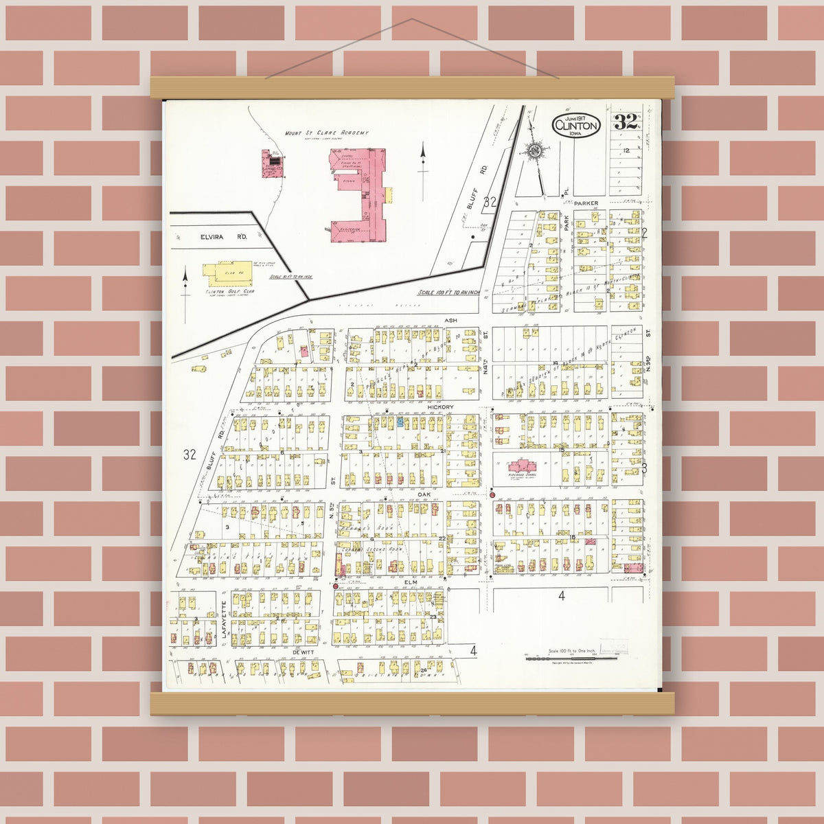 Old map wall art mockup — magnetic wood frame on brick wall — Sanborn Fire Insurance Map from Clinton, Clinton County, Iowa (1917), Sheet #0032