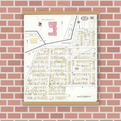 Old map wall art mockup — magnetic wood frame on brick wall — Sanborn Fire Insurance Map from Clinton, Clinton County, Iowa (1917), Sheet #0032