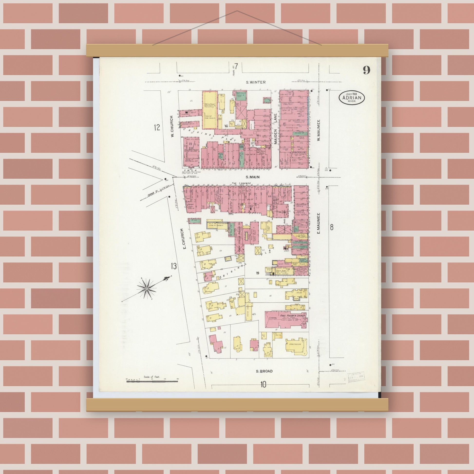Old map wall art mockup — magnetic wood frame on brick wall — Sanborn Fire Insurance Map from Adrian, Lenawee County, Michigan (1908), Sheet #0009
