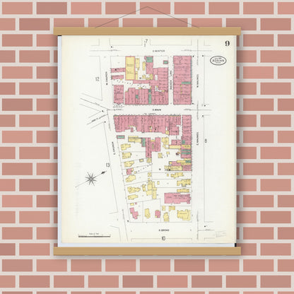 Old map wall art mockup — magnetic wood frame on brick wall — Sanborn Fire Insurance Map from Adrian, Lenawee County, Michigan (1908), Sheet #0009
