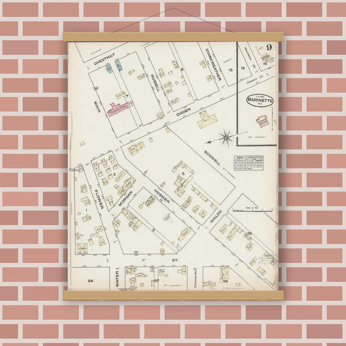 Old map wall art mockup — magnetic wood frame on brick wall — Sanborn Fire Insurance Map from Marinette, Marinette County, Wisconsin (1884), Sheet #0009