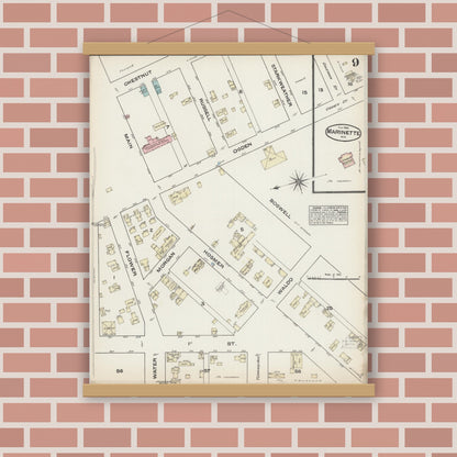 Old map wall art mockup — magnetic wood frame on brick wall — Sanborn Fire Insurance Map from Marinette, Marinette County, Wisconsin (1884), Sheet #0009