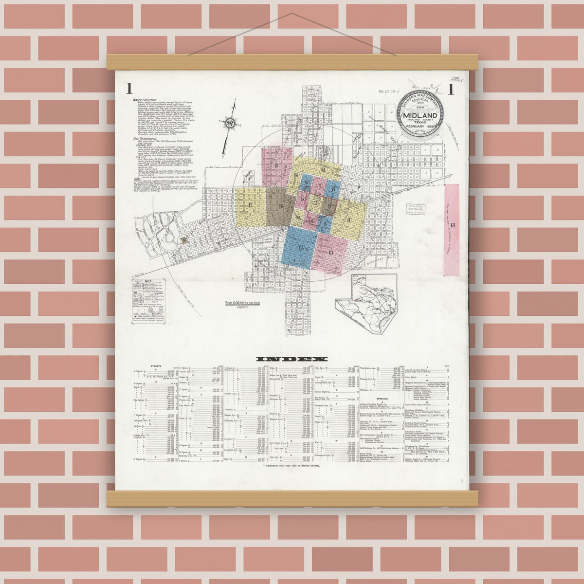 Old map wall art mockup — magnetic wood frame on brick wall — Sanborn Fire Insurance Map from Midland, Midland County, Texas (1929), Sheet #0001