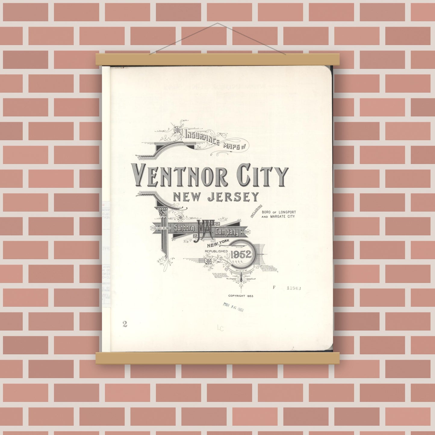 Old map wall art mockup — magnetic wood frame on brick wall — Sanborn Fire Insurance Map from Ventnor, Atlantic County, New Jersey (1952), Sheet #0001