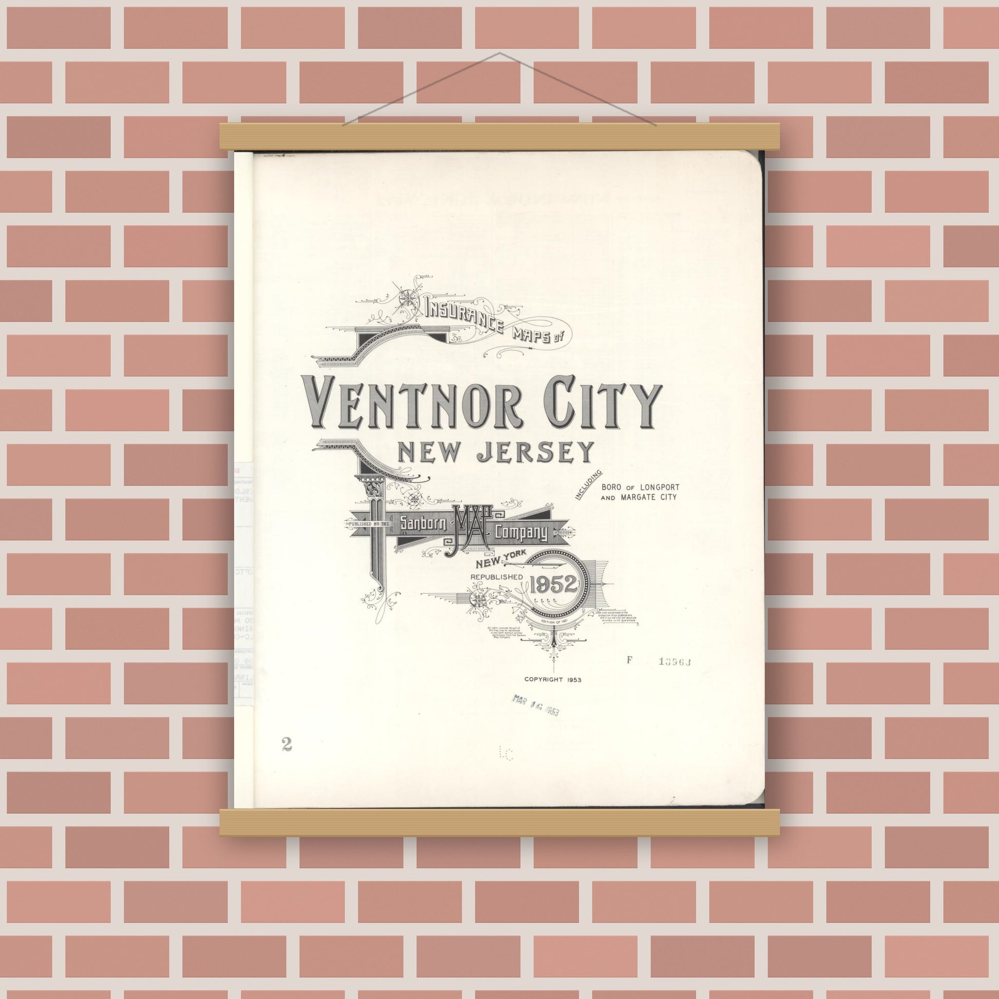 Old map wall art mockup — magnetic wood frame on brick wall — Sanborn Fire Insurance Map from Ventnor, Atlantic County, New Jersey (1952), Sheet #0001
