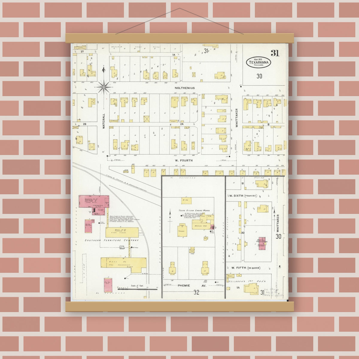 Old map wall art mockup — magnetic wood frame on brick wall — Sanborn Fire Insurance Map from Texarkana, Bowie County, Texas (1909), Sheet #0031