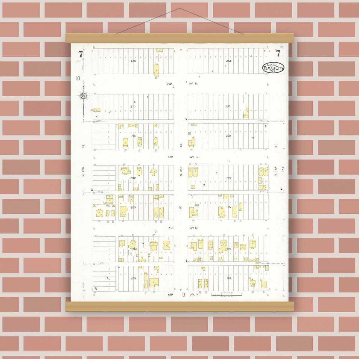 Old map wall art mockup — magnetic wood frame on brick wall — Sanborn Fire Insurance Map from Texas City, Galveston County, Texas (1931), Sheet #0007