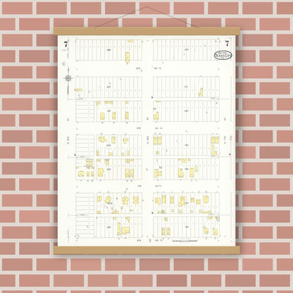 Old map wall art mockup — magnetic wood frame on brick wall — Sanborn Fire Insurance Map from Texas City, Galveston County, Texas (1931), Sheet #0007