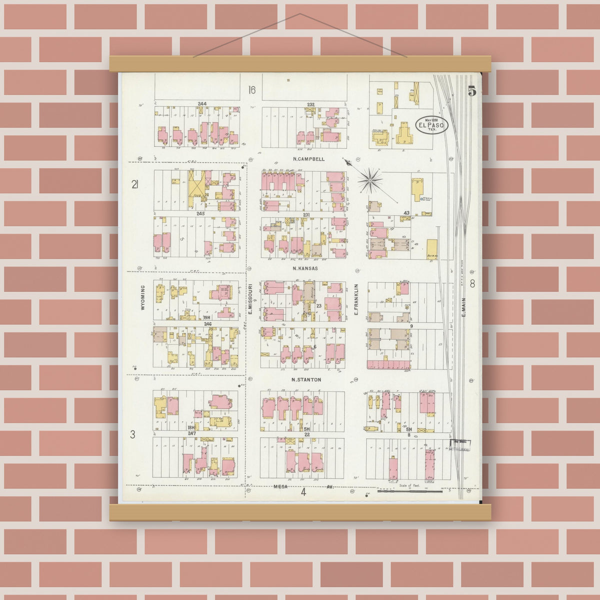 Old map wall art mockup — magnetic wood frame on brick wall — Sanborn Fire Insurance Map from El Paso, El Paso County, Texas (1898), Sheet #0005