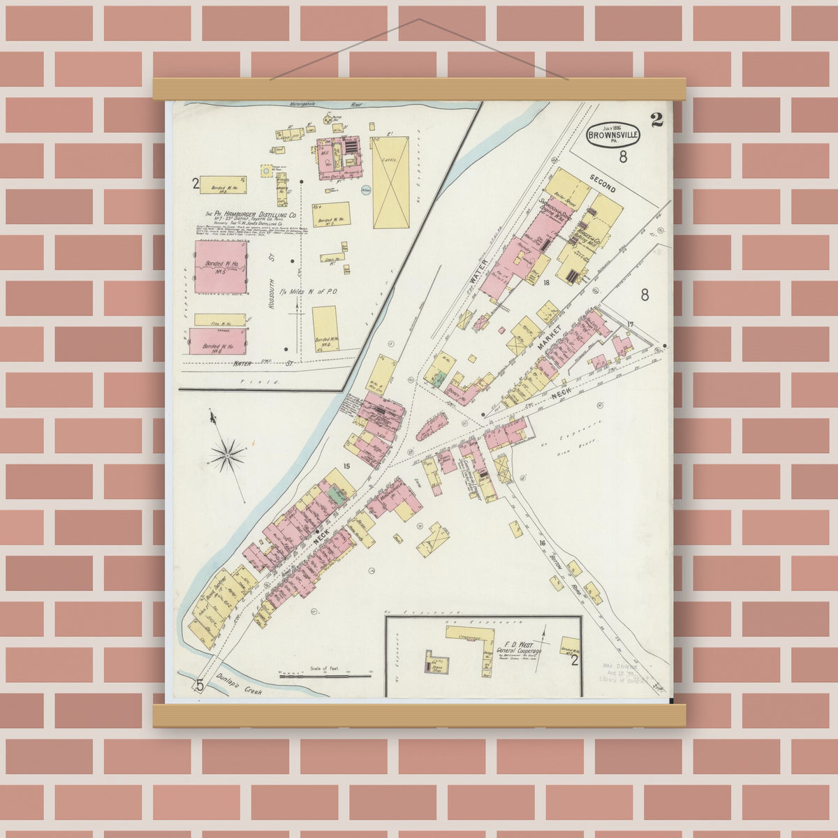 Old map wall art mockup — magnetic wood frame on brick wall — Sanborn Fire Insurance Map from Brownsville, Fayette County, Pennsylvania (1896), Sheet #0002