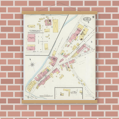 Old map wall art mockup — magnetic wood frame on brick wall — Sanborn Fire Insurance Map from Brownsville, Fayette County, Pennsylvania (1896), Sheet #0002