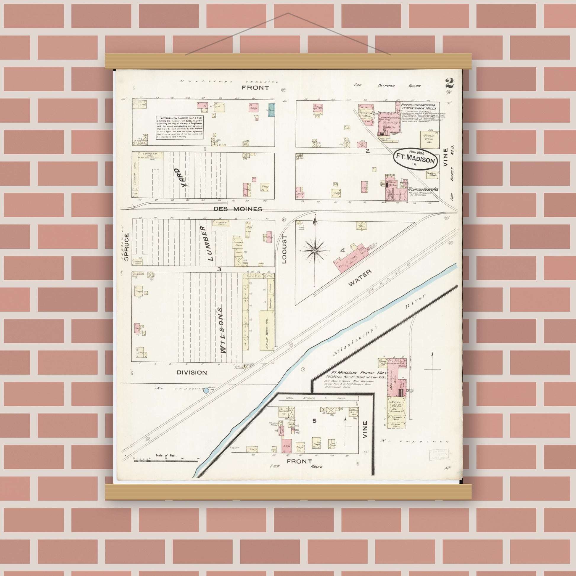 Old map wall art mockup — magnetic wood frame on brick wall — Sanborn Fire Insurance Map from Fort Madison, Lee County, Iowa (1884), Sheet #0002