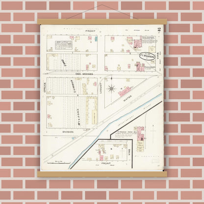 Old map wall art mockup — magnetic wood frame on brick wall — Sanborn Fire Insurance Map from Fort Madison, Lee County, Iowa (1884), Sheet #0002