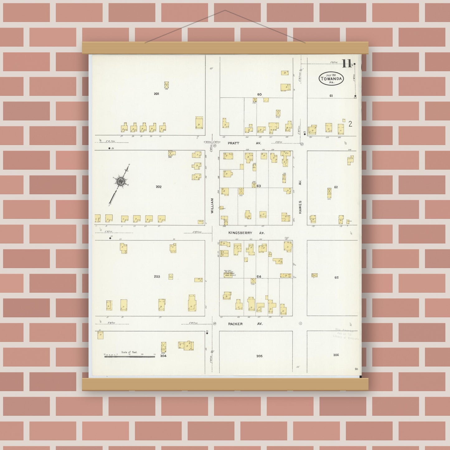 Old map wall art mockup — magnetic wood frame on brick wall — Sanborn Fire Insurance Map from Towanda, Bradford County, Pennsylvania (1911), Sheet #0011