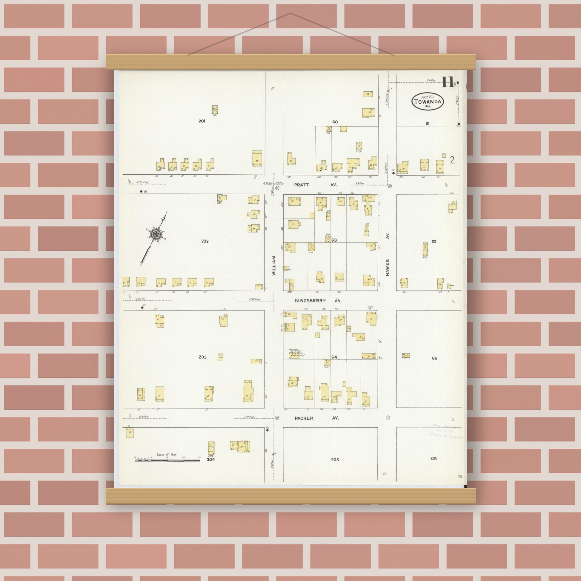 Old map wall art mockup — magnetic wood frame on brick wall — Sanborn Fire Insurance Map from Towanda, Bradford County, Pennsylvania (1911), Sheet #0011