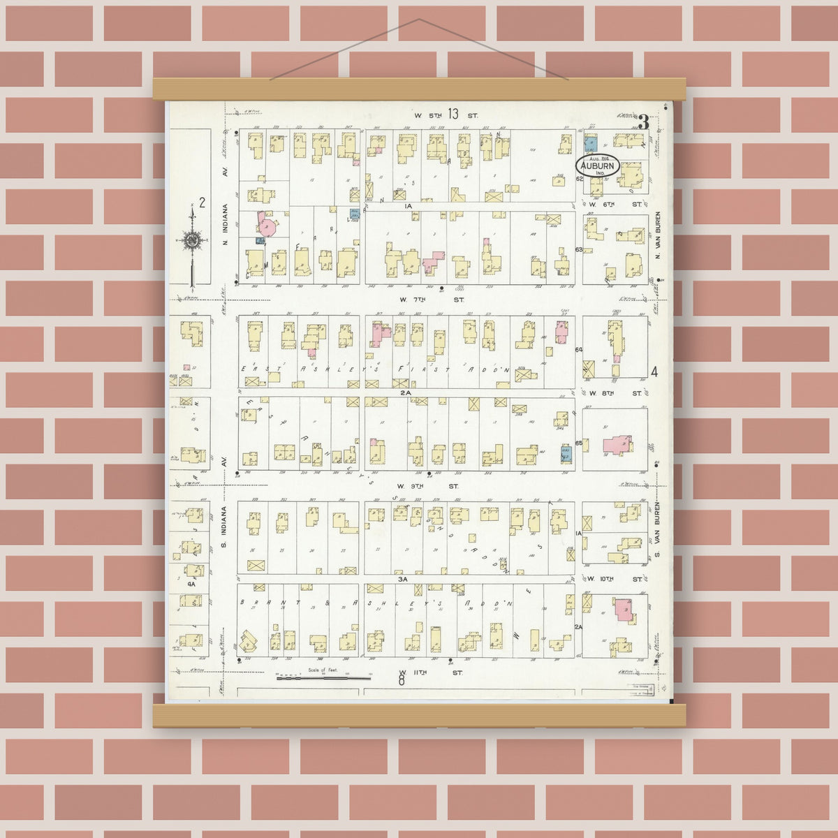 Old map wall art mockup — magnetic wood frame on brick wall — Sanborn Fire Insurance Map from Auburn, De Kalb County, Indiana (1914), Sheet #0003