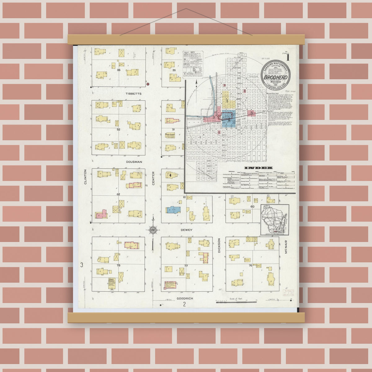 Old map wall art mockup — magnetic wood frame on brick wall — Sanborn Fire Insurance Map from Brodhead, Green County, Wisconsin (1915) - Complete Map Set