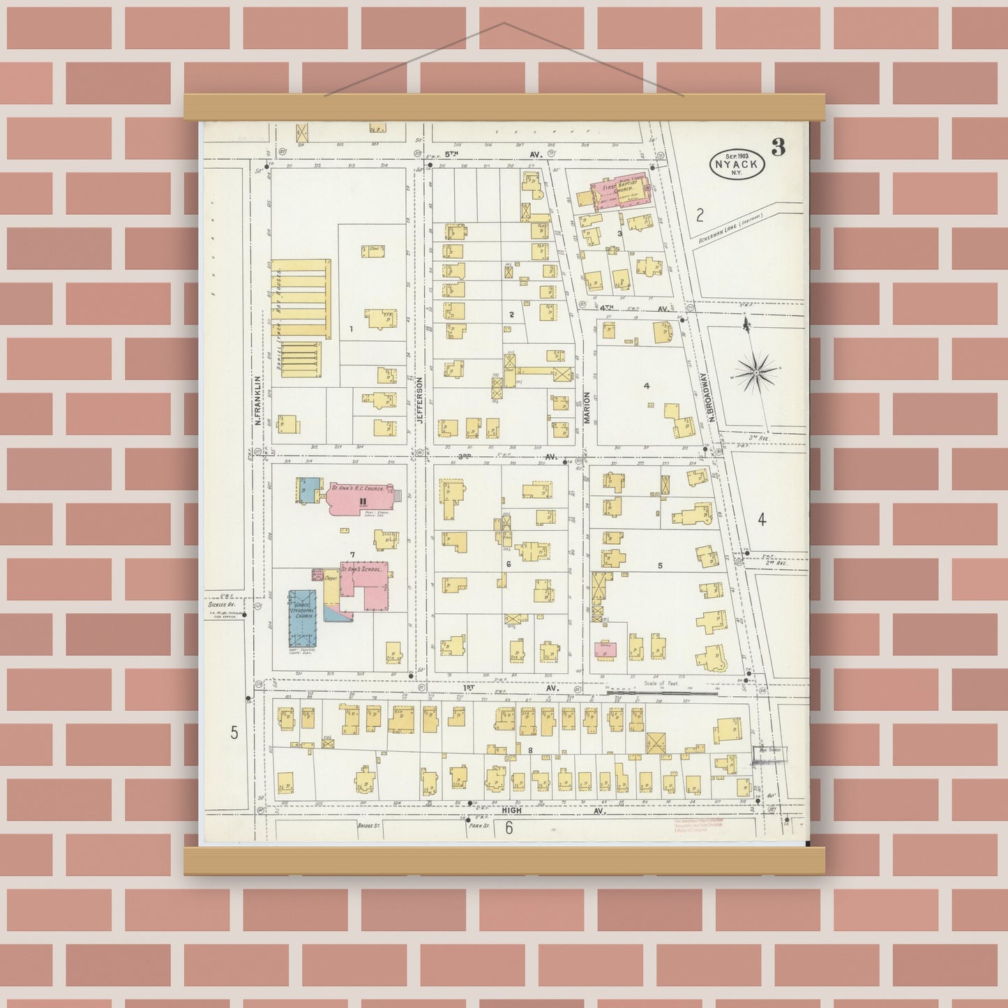 Old map wall art mockup — magnetic wood frame on brick wall — Sanborn Fire Insurance Map from Nyack, Rockland County, New York. (1903), Sheet #0003
