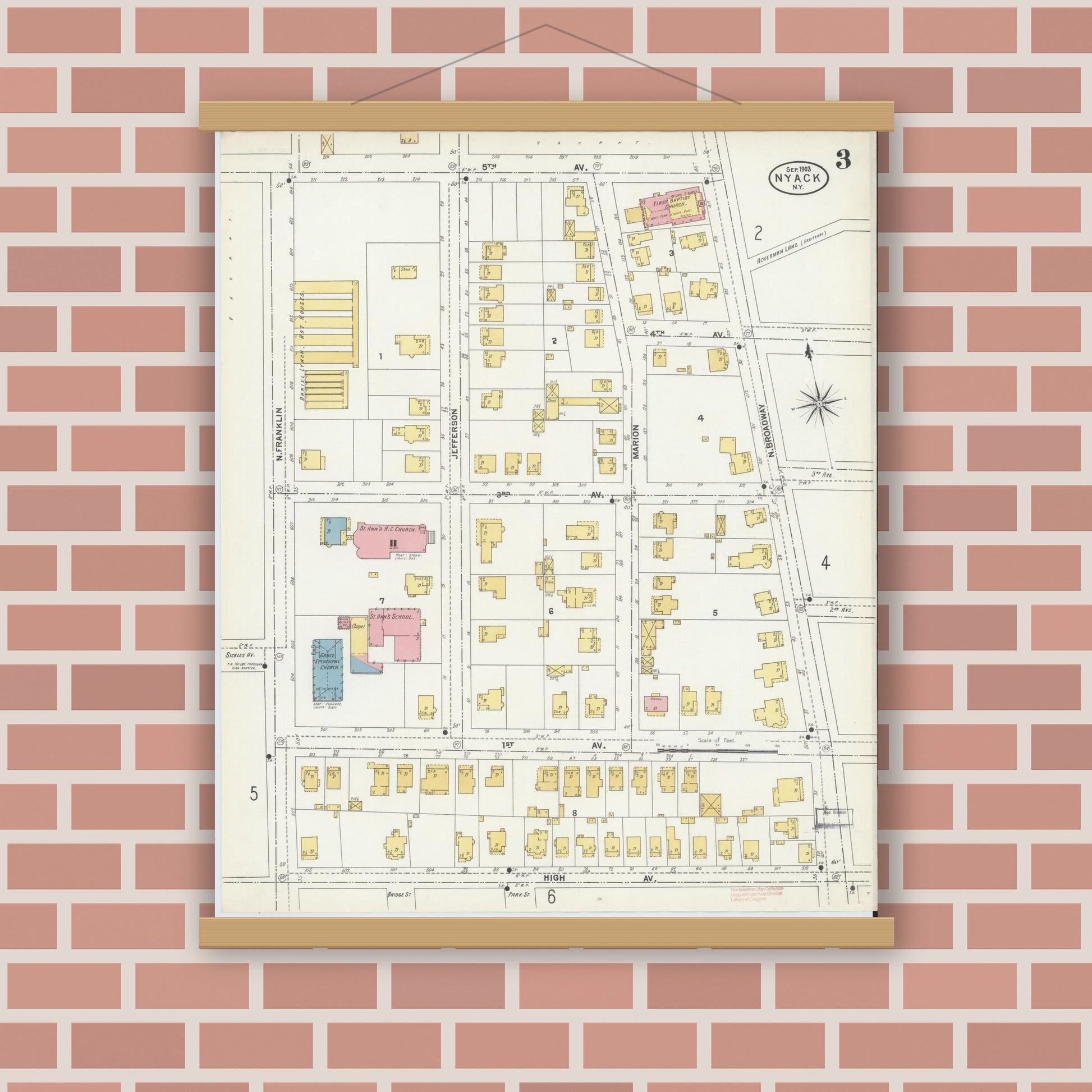 Old map wall art mockup — magnetic wood frame on brick wall — Sanborn Fire Insurance Map from Nyack, Rockland County, New York. (1903), Sheet #0003