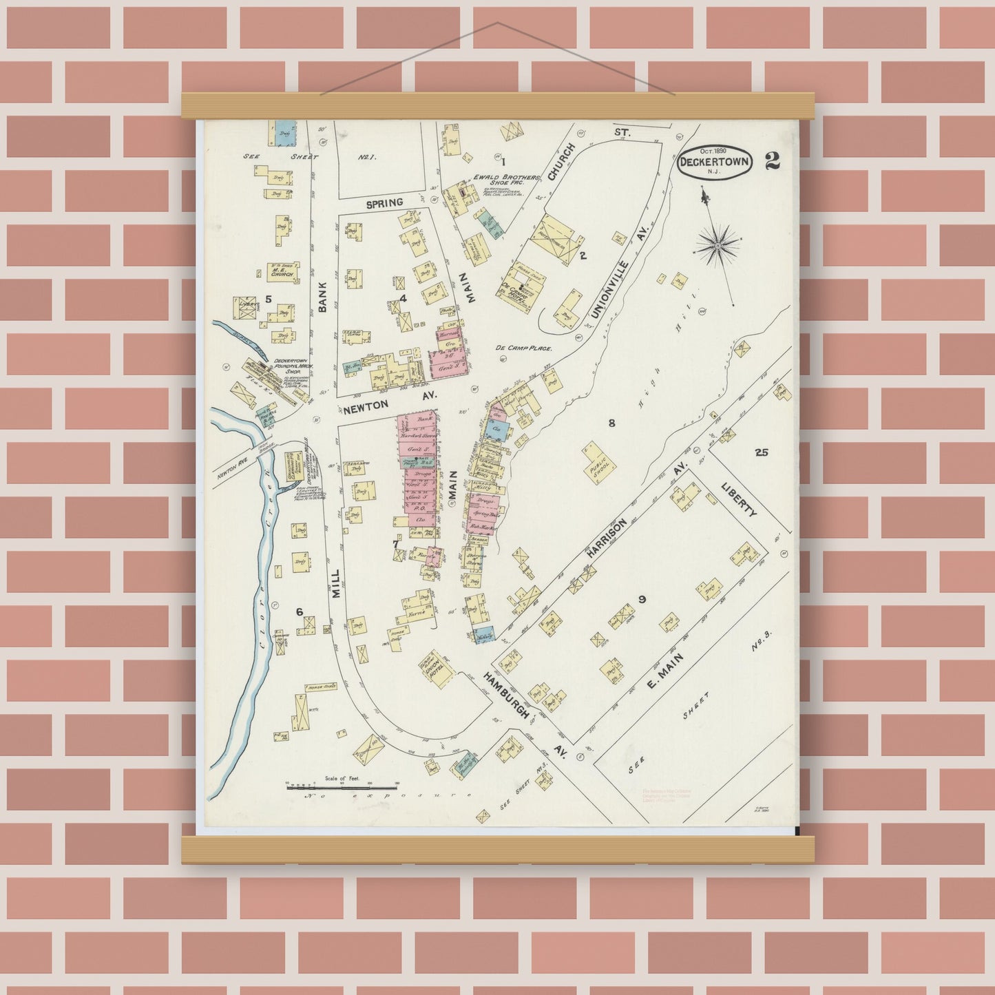 Old map wall art mockup — magnetic wood frame on brick wall — Sanborn Fire Insurance Map from Deckertown, Sussex County, New Jersey (1890), Sheet #0002