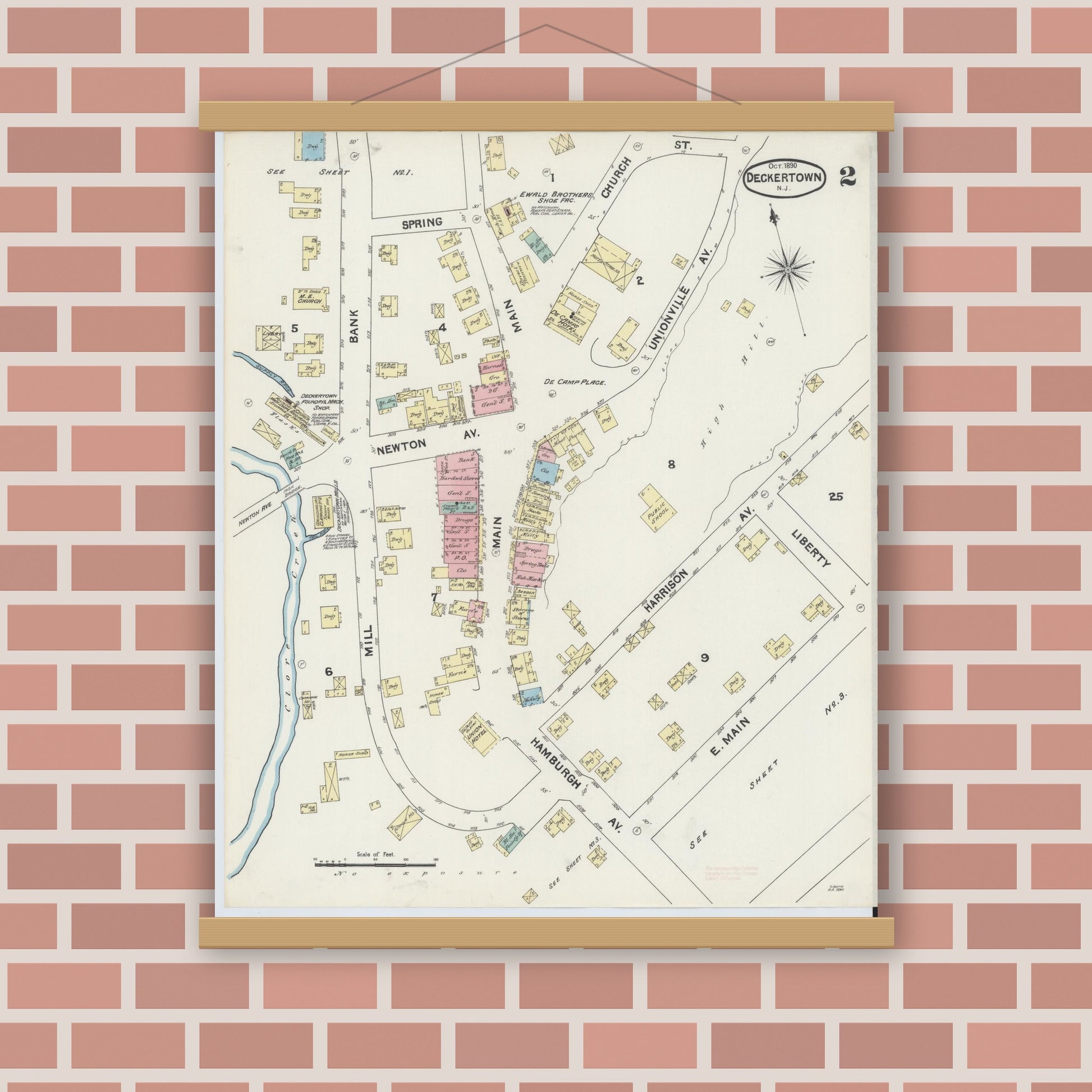 Old map wall art mockup — magnetic wood frame on brick wall — Sanborn Fire Insurance Map from Deckertown, Sussex County, New Jersey (1890), Sheet #0002