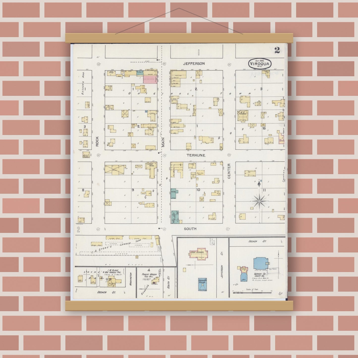 Old map wall art mockup — magnetic wood frame on brick wall — Sanborn Fire Insurance Map from Viroqua, Vernon County, Wisconsin (1892), Sheet #0002