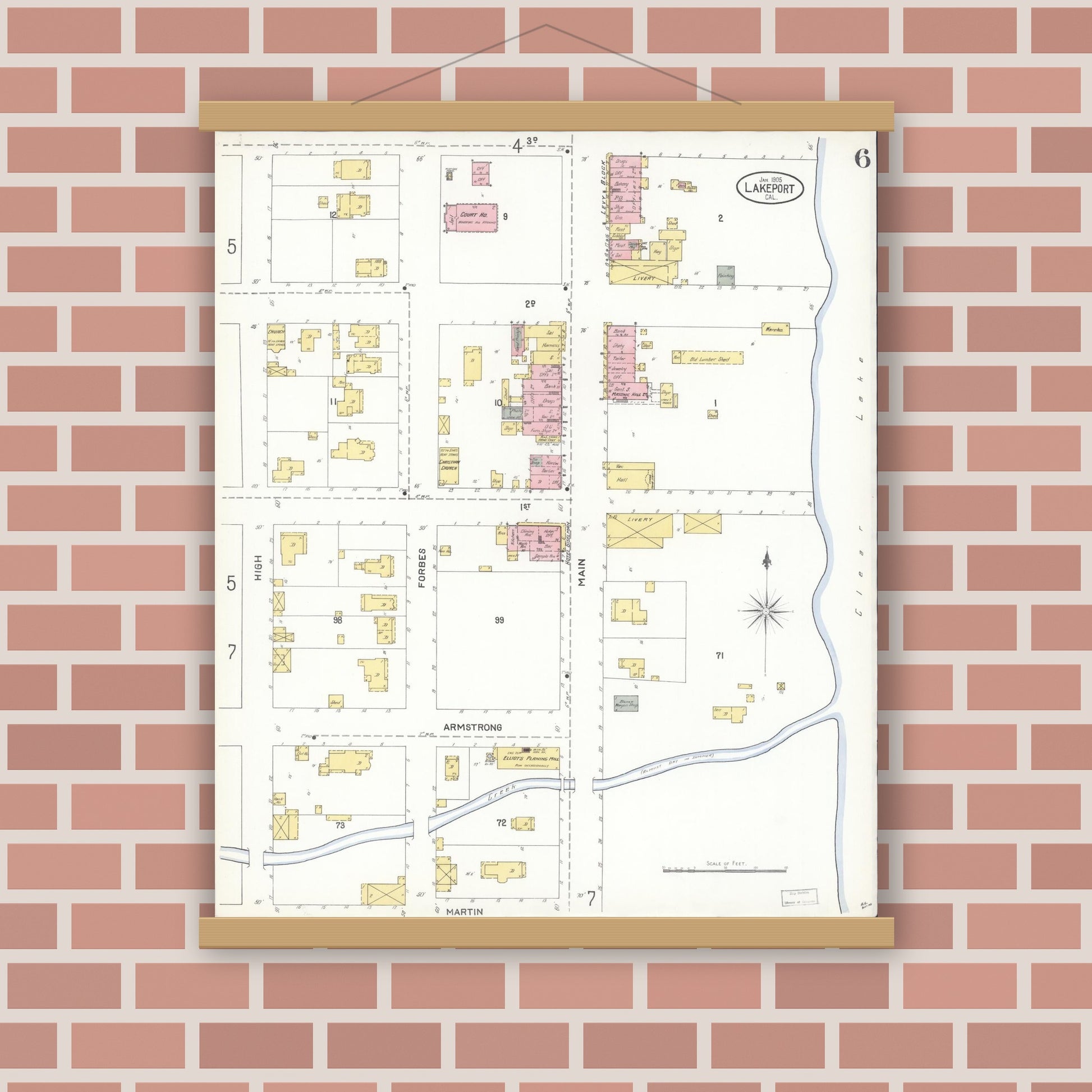 Old map wall art mockup — magnetic wood frame on brick wall — Sanborn Fire Insurance Map from Lakeport, Lake County, California (1905), Sheet #0006