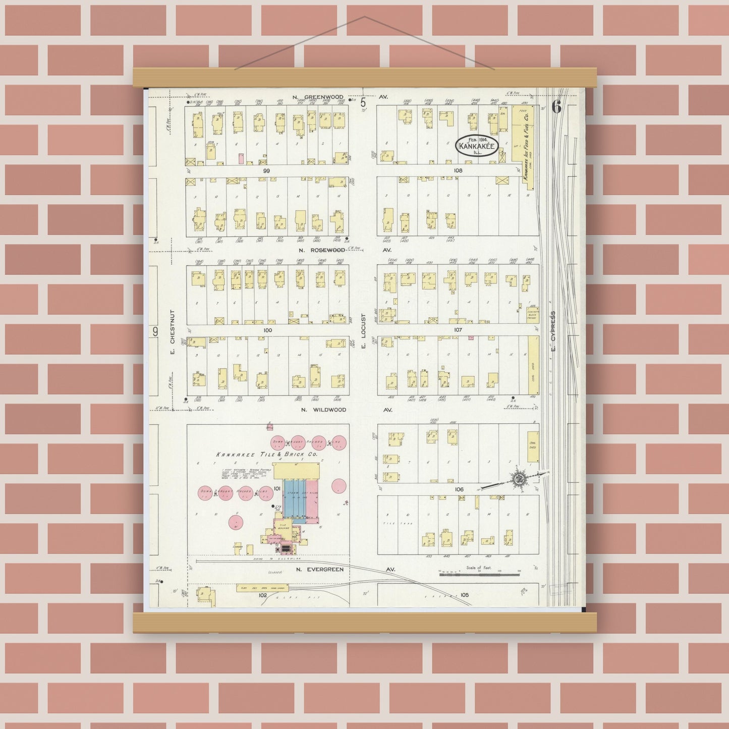 Old map wall art mockup — magnetic wood frame on brick wall — Sanborn Fire Insurance Map from Kankakee, Kankakee County, Illinois (1914), Sheet #0006