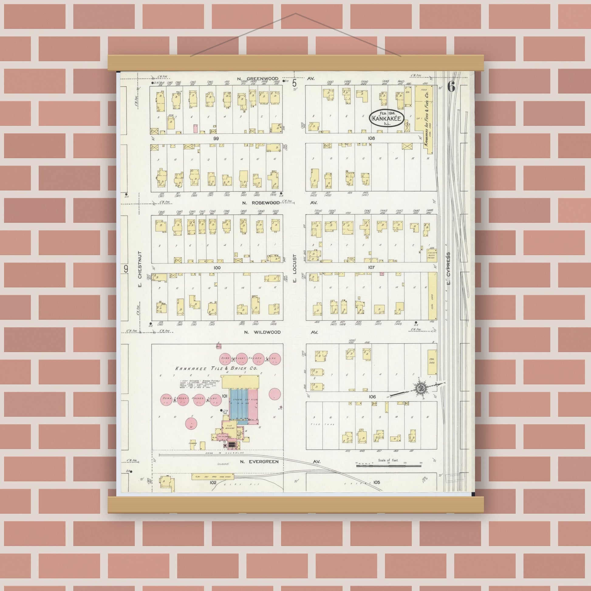 Old map wall art mockup — magnetic wood frame on brick wall — Sanborn Fire Insurance Map from Kankakee, Kankakee County, Illinois (1914), Sheet #0006