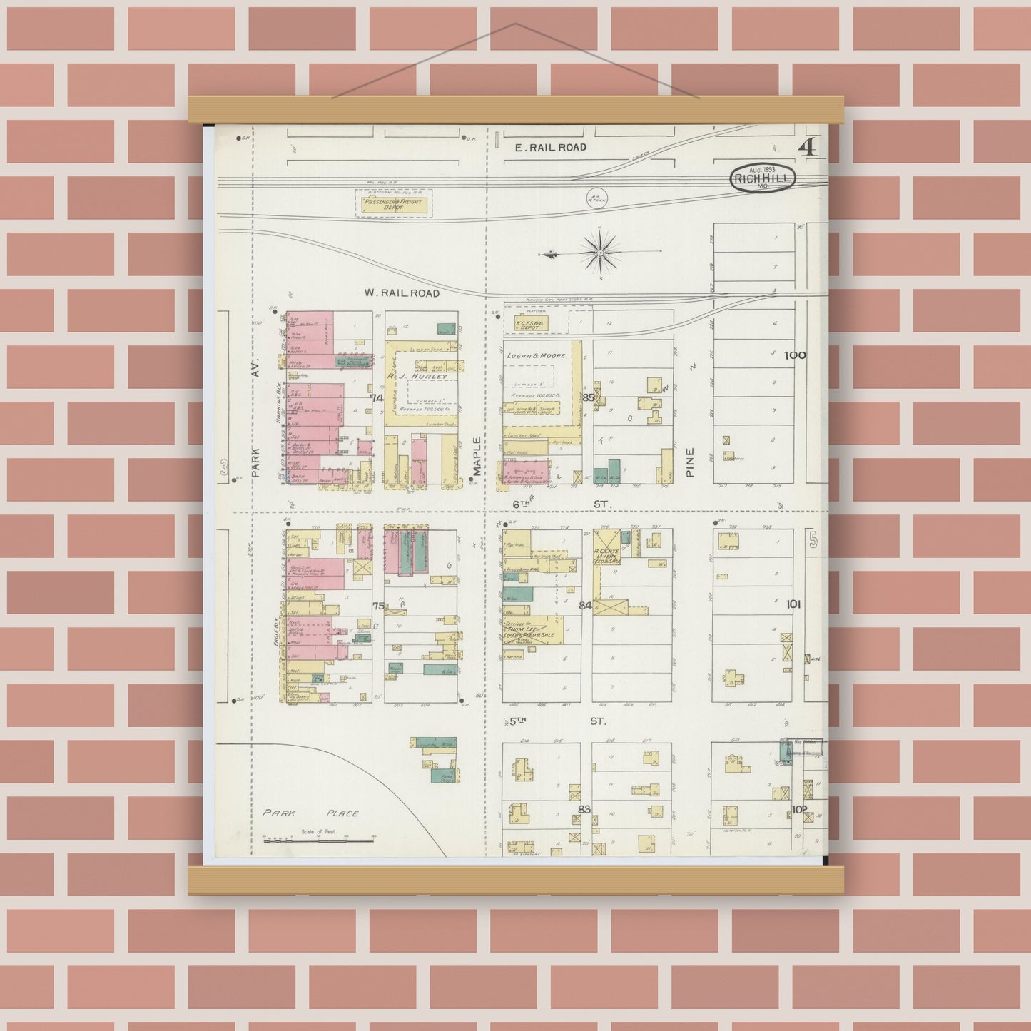 Old map wall art mockup — magnetic wood frame on brick wall — Sanborn Fire Insurance Map from Rich Hill, Bates County, Missouri (1893), Sheet #0004