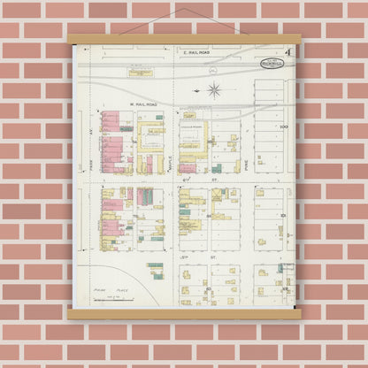 Old map wall art mockup — magnetic wood frame on brick wall — Sanborn Fire Insurance Map from Rich Hill, Bates County, Missouri (1893), Sheet #0004
