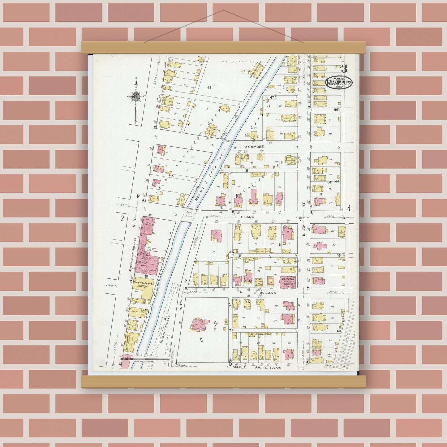 Old map wall art mockup — magnetic wood frame on brick wall — Sanborn Fire Insurance Map from Miamisburg, Montgomery County, Ohio (1919), Sheet #0003