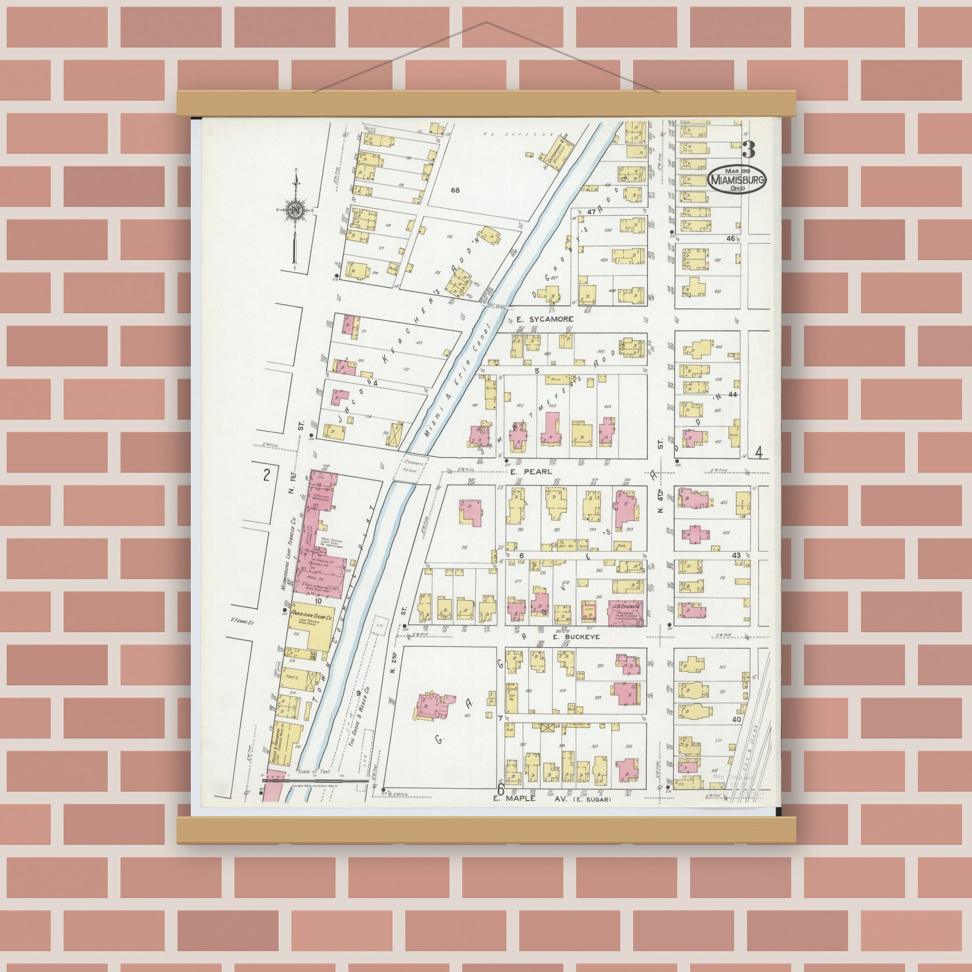 Old map wall art mockup — magnetic wood frame on brick wall — Sanborn Fire Insurance Map from Miamisburg, Montgomery County, Ohio (1919), Sheet #0003