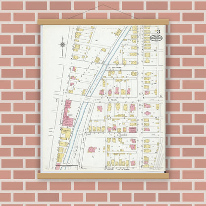 Old map wall art mockup — magnetic wood frame on brick wall — Sanborn Fire Insurance Map from Miamisburg, Montgomery County, Ohio (1919), Sheet #0003