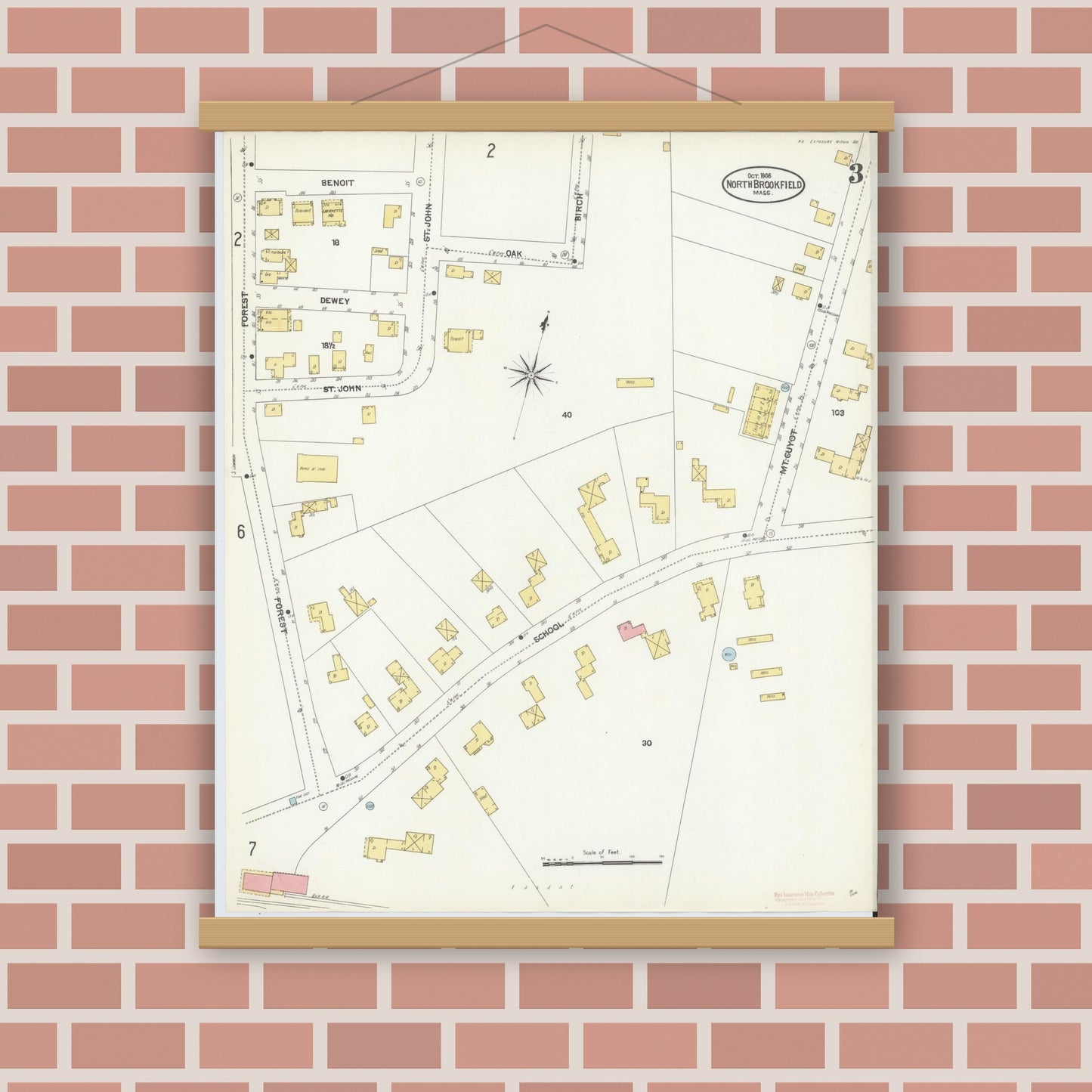 Old map wall art mockup — magnetic wood frame on brick wall — Sanborn Fire Insurance Map from North Brookfield, Worcester County, Massachusetts (1906), Sheet #0003