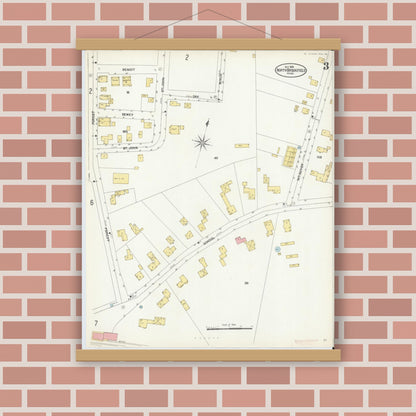 Old map wall art mockup — magnetic wood frame on brick wall — Sanborn Fire Insurance Map from North Brookfield, Worcester County, Massachusetts (1906), Sheet #0003