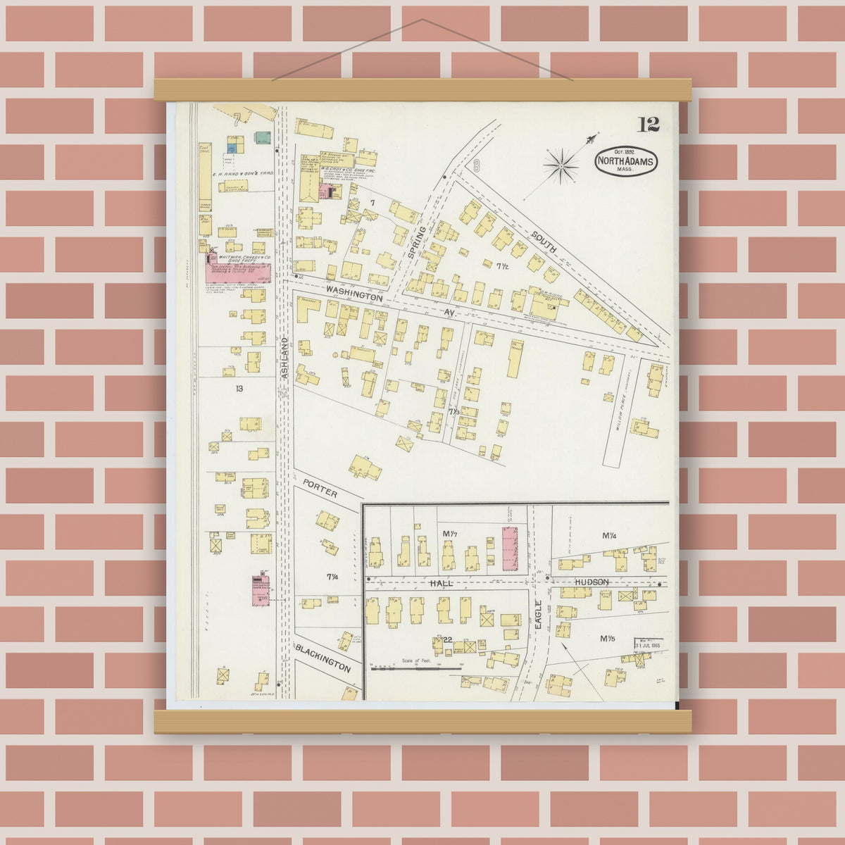Old map wall art mockup — magnetic wood frame on brick wall — Sanborn Fire Insurance Map from North Adams, Berkshire County, Massachusetts (1892), Sheet #0012