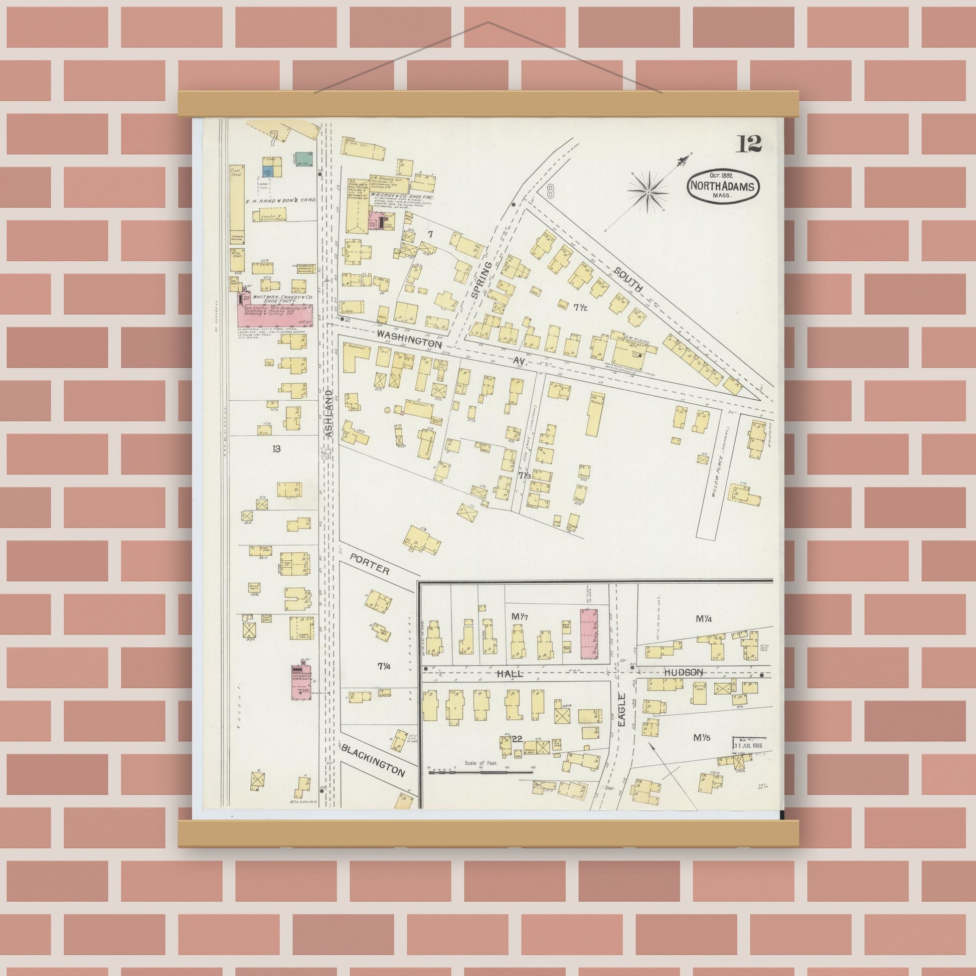 Old map wall art mockup — magnetic wood frame on brick wall — Sanborn Fire Insurance Map from North Adams, Berkshire County, Massachusetts (1892), Sheet #0012