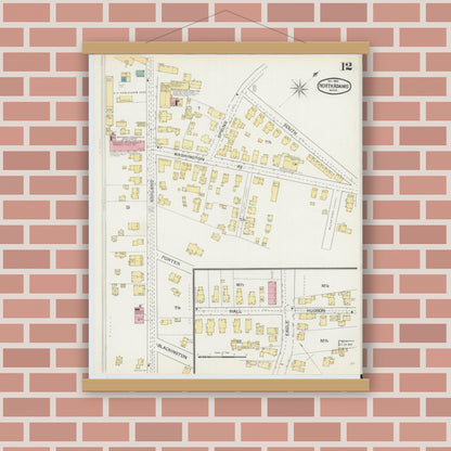 Old map wall art mockup — magnetic wood frame on brick wall — Sanborn Fire Insurance Map from North Adams, Berkshire County, Massachusetts (1892), Sheet #0012