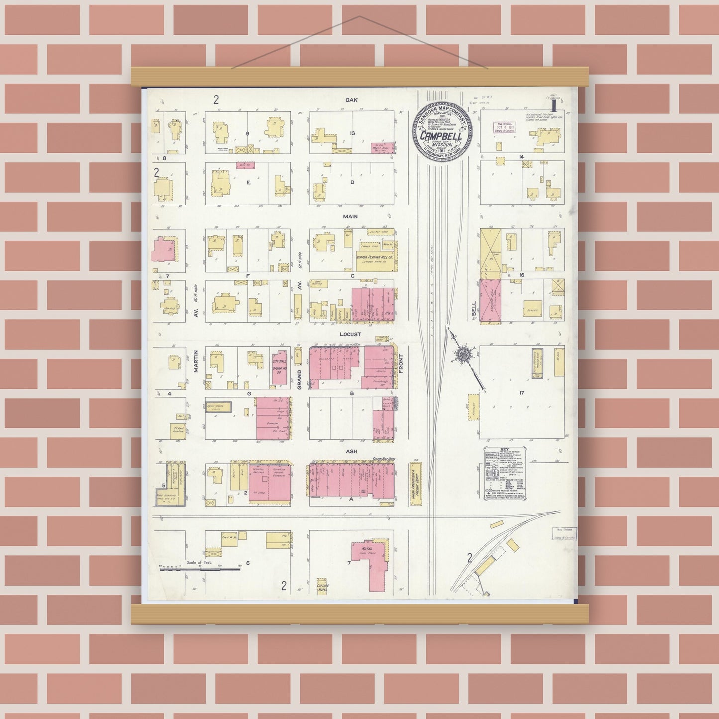 Old map wall art mockup — magnetic wood frame on brick wall — Sanborn Fire Insurance Map from Campbell, Dunklin County, Missouri (1911) - Complete Map Set