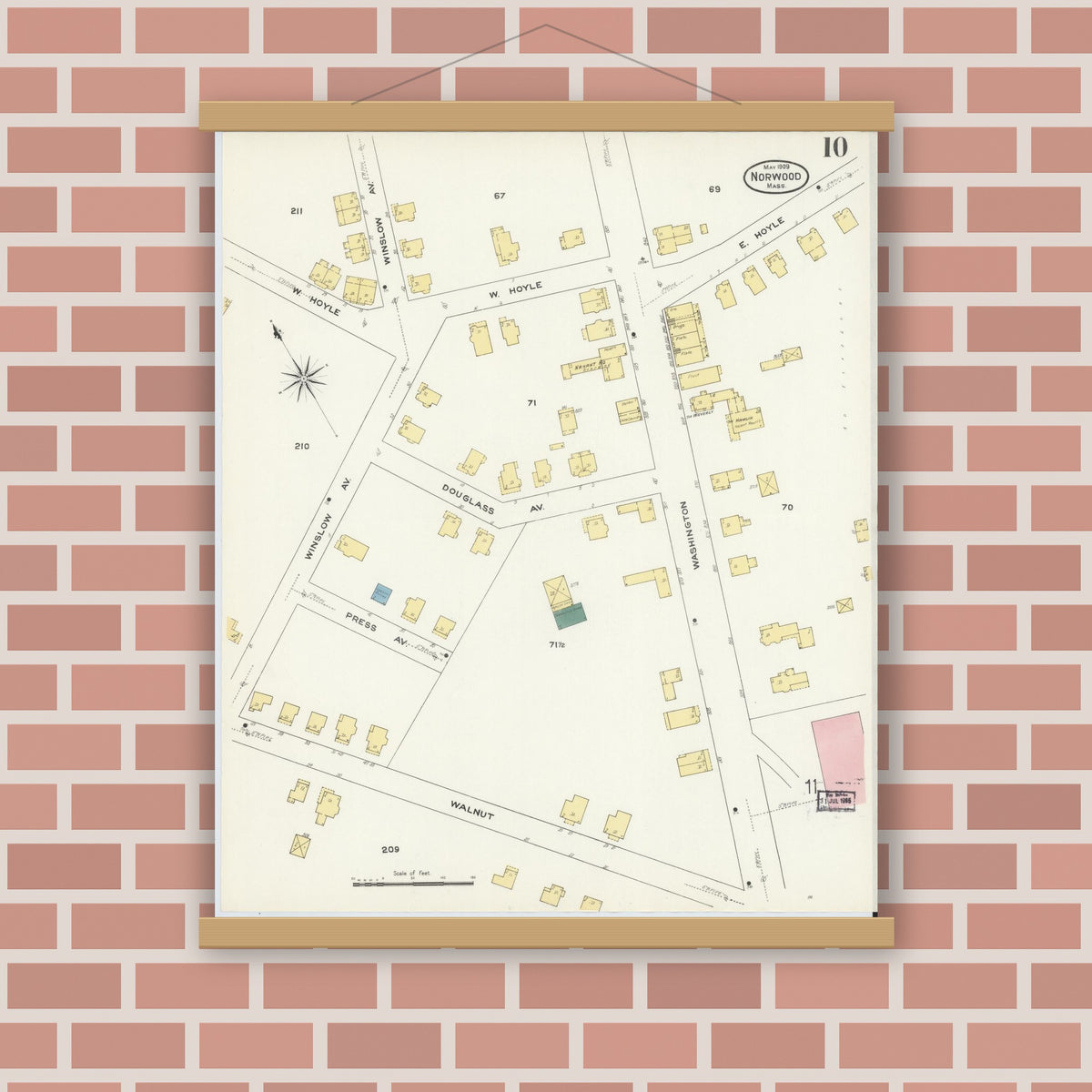 Old map wall art mockup — magnetic wood frame on brick wall — Sanborn Fire Insurance Map from Norwood, Norfolk County, Massachusetts (1909), Sheet #0010