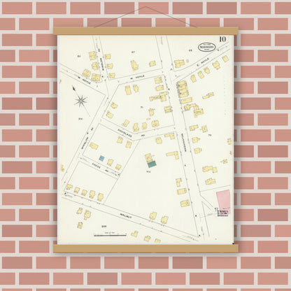 Old map wall art mockup — magnetic wood frame on brick wall — Sanborn Fire Insurance Map from Norwood, Norfolk County, Massachusetts (1909), Sheet #0010