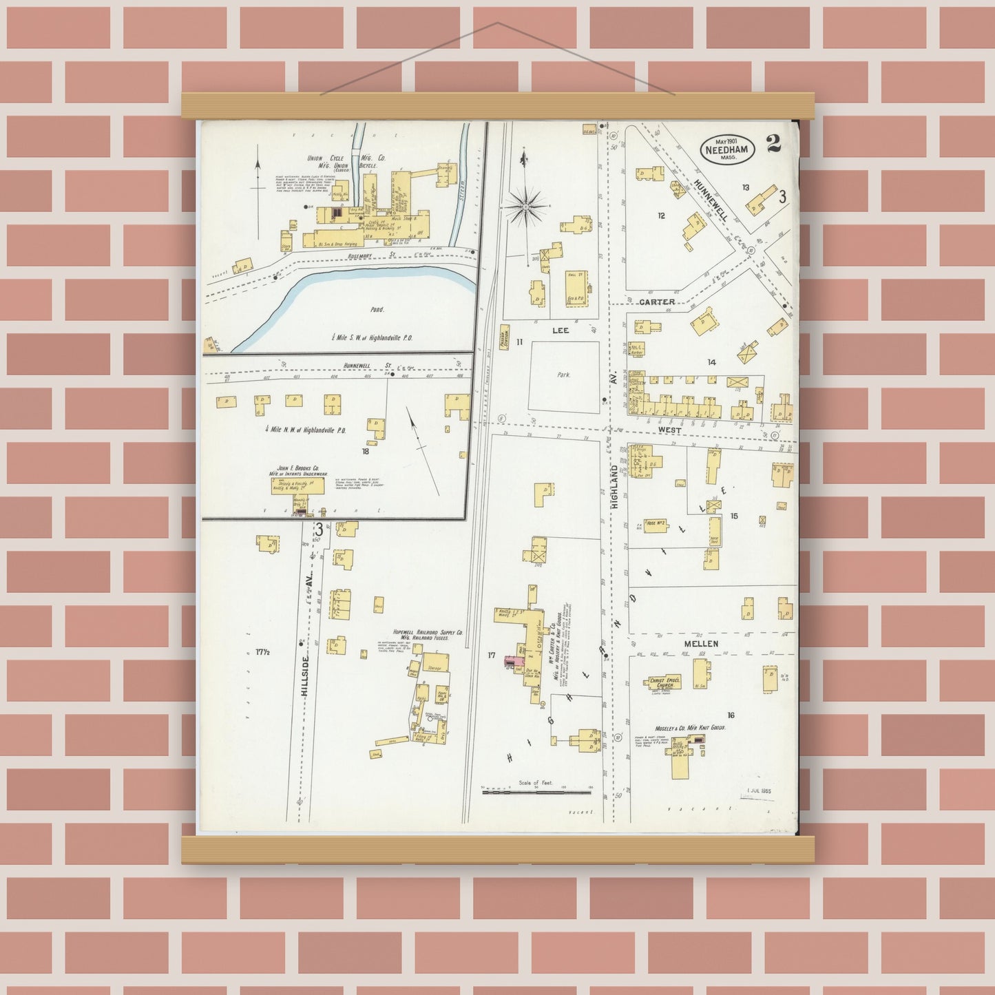 Old map wall art mockup — magnetic wood frame on brick wall — Sanborn Fire Insurance Map from Needham, Norfolk County, Massachusetts (1901), Sheet #0002