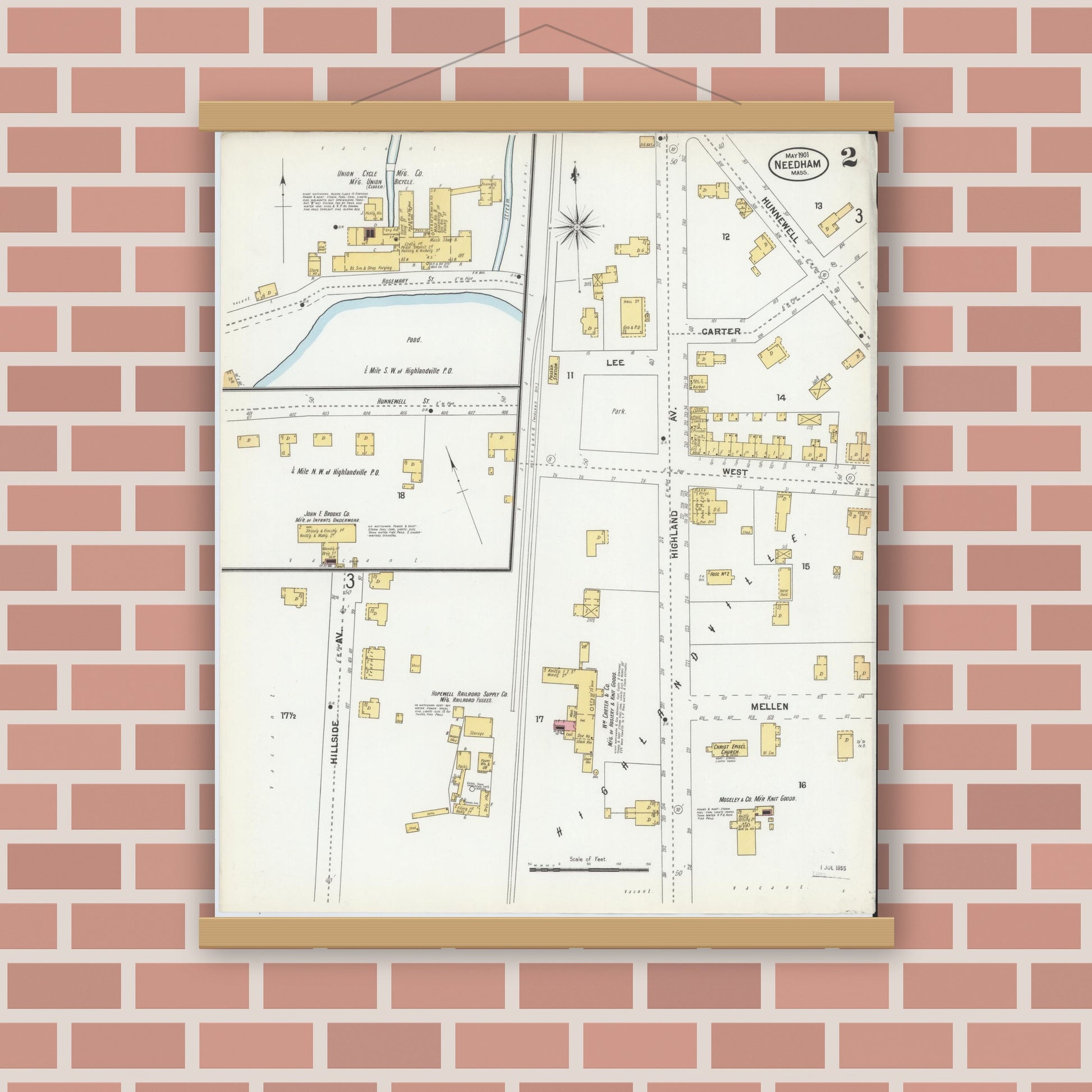 Old map wall art mockup — magnetic wood frame on brick wall — Sanborn Fire Insurance Map from Needham, Norfolk County, Massachusetts (1901), Sheet #0002