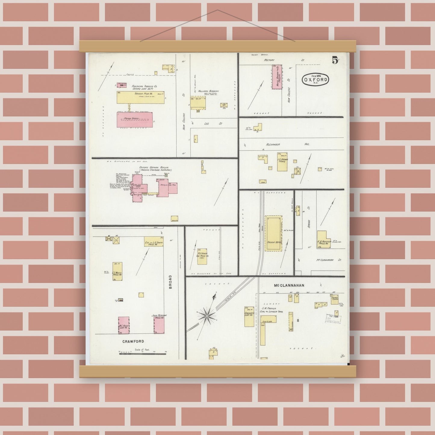 Old map wall art mockup — magnetic wood frame on brick wall — Sanborn Fire Insurance Map from Oxford, Granville County, North Carolina (1897), Sheet #0005