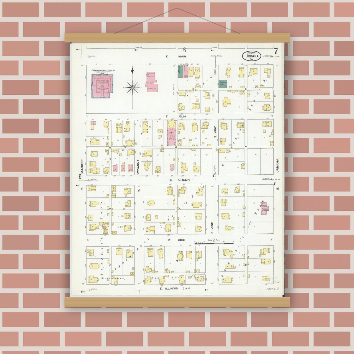 Old map wall art mockup — magnetic wood frame on brick wall — Sanborn Fire Insurance Map from Urbana, Champaign County, Illinois (1909), Sheet #0007