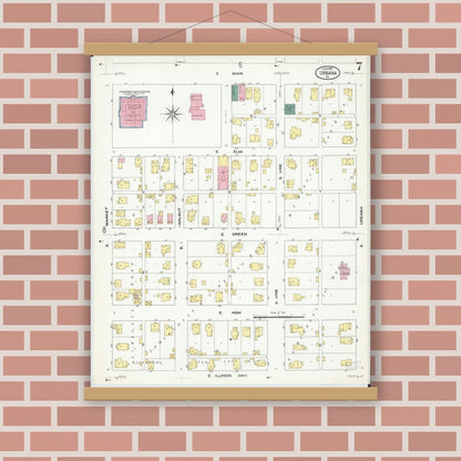 Old map wall art mockup — magnetic wood frame on brick wall — Sanborn Fire Insurance Map from Urbana, Champaign County, Illinois (1909), Sheet #0007
