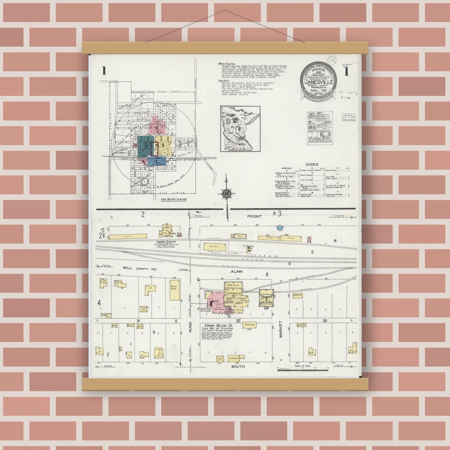 Old map wall art mockup — magnetic wood frame on brick wall — Sanborn Fire Insurance Map from Janesville, Waseca County, Minnesota (1924) - Complete Map Set