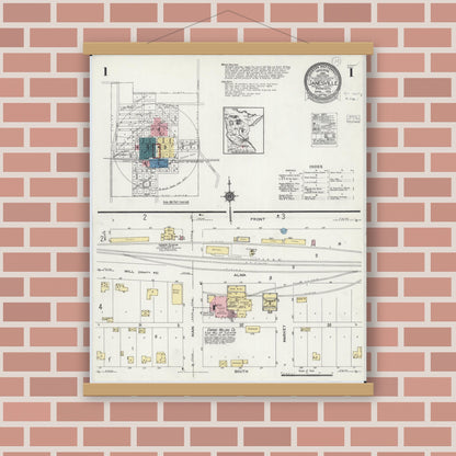 Old map wall art mockup — magnetic wood frame on brick wall — Sanborn Fire Insurance Map from Janesville, Waseca County, Minnesota (1924) - Complete Map Set